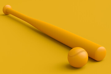 Wooden professional softball or baseball bat and ball on monochrome background