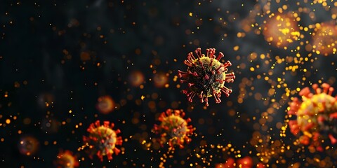 Closeup of coronavirus outbreak showing red and yellow virus particles on a black background. Concept COVID-19, Virus Particles, Outbreak, Closeup Photography, Black Background - obrazy, fototapety, plakaty
