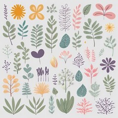 A collection of seamless pattern, colorful abstract plants and flowers. Hand drawn Collection of leaves and flowers. A close up of a pattern of flowers and leaves.
