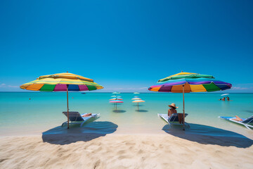 Umbrellas and chaise longues perfect beach with blue transparent sea
