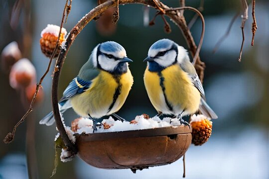 Two blue tits perch on a snow-covered bird feeder filled with seeds, surrounded by bare branches and red berries in winter.