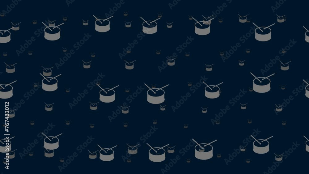Poster drum symbols float horizontally from left to right. parallax fly effect. floating symbols are locate
