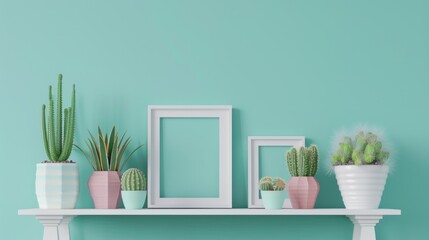 Living room with cactus plants in pots and frame on the table against turquoise wall background.