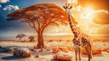  a giraffe standing next to a tree on top of a sandy field with rocks and trees in the background. - obrazy, fototapety, plakaty