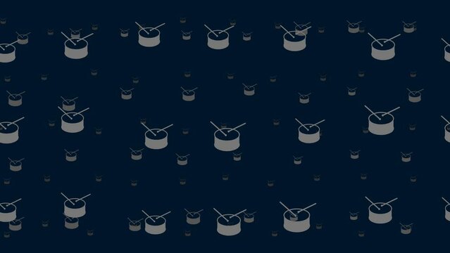 Drum symbols float horizontally from left to right. Parallax fly effect. Floating symbols are located randomly. Seamless looped 4k animation on dark blue background