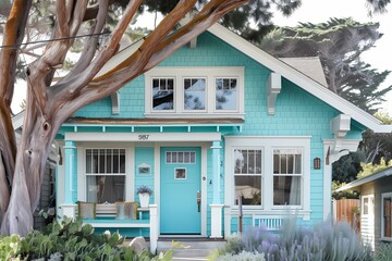 A delightful craftsman home exterior in pastel turquoise, reflecting the colors of a calm coastal morning.