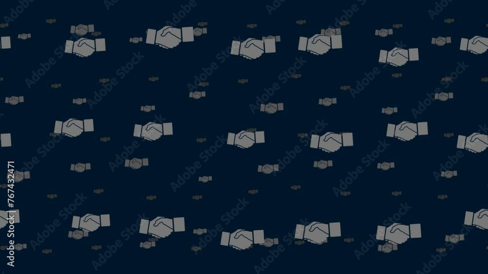 Poster handshake symbols float horizontally from left to right. parallax fly effect. floating symbols are l