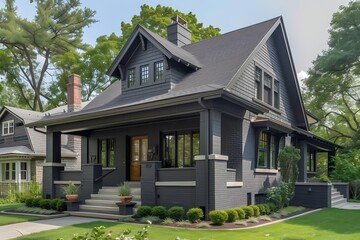 A sleek craftsman house exterior in matte charcoal gray, reflecting the urban ambiance of the neighborhood.