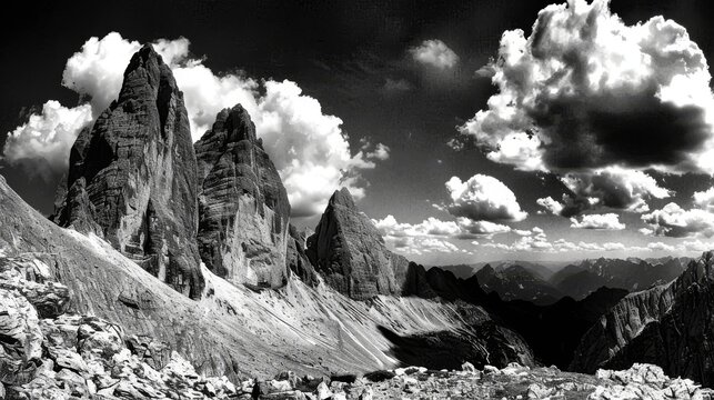  a black and white photo of a mountain range with clouds in the sky and rocks in the foreground and rocks in the foreground.