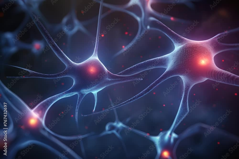 Poster digital illustration of a neural network with neurons connected by glowing synapses on a dark backgr