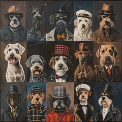 Several dogs with various hats enjoyably placed on their heads in a lively painting. Generative AI