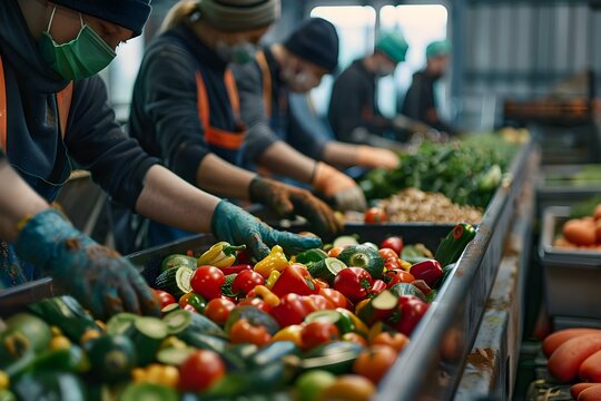 Sustainable Waste Management Practices: Employees Sorting Organic Waste at a Food Waste Recycling Facility. Concept Waste Management, Recycling, Organic Waste, Sustainability, Food Waste