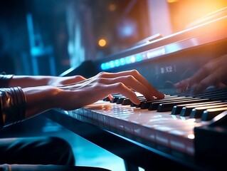 Close-up of hands playing piano.