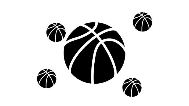 Zoom in and out animation the basketball symbol. Large black symbol in the center and four small symbols around. Seamless looped 4k animation on white background