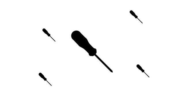 Zoom in and out animation the a screwdriver symbol. Large black symbol in the center and four small symbols around. Seamless looped 4k animation on white background