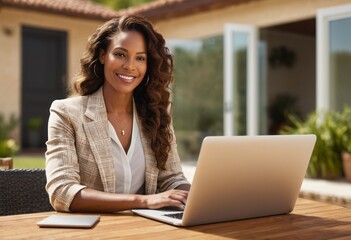 A businesswoman works on her laptop outdoors. She's concentrated and efficient in a pleasant environment.