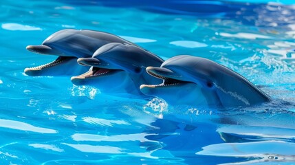 Obraz premium two dolphins swimming in a pool with their mouths open and their trunks hanging out of the water's surface.