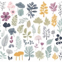 A collection of seamless pattern, colorful abstract plants and flowers. Hand drawn Collection of leaves and flowers. A close up of a pattern of flowers and leaves.
