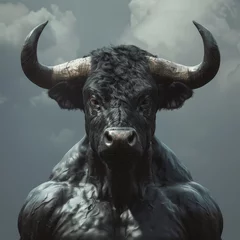 Zelfklevend Fotobehang a muscular black bull with horns © Aliaksandr Siamko