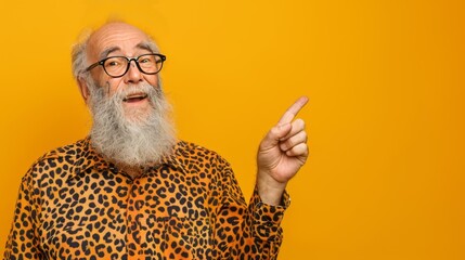 Copyspace portrait of crazy funny funny scared old bearded man with glasses point sale discount advice wear leopard print shirt isolated on yellow background 