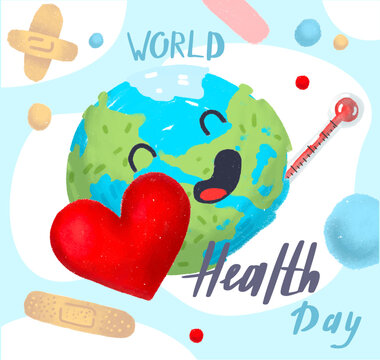 World Health Day post for social networks. In hand drawing style. With the earth hugging the heart.