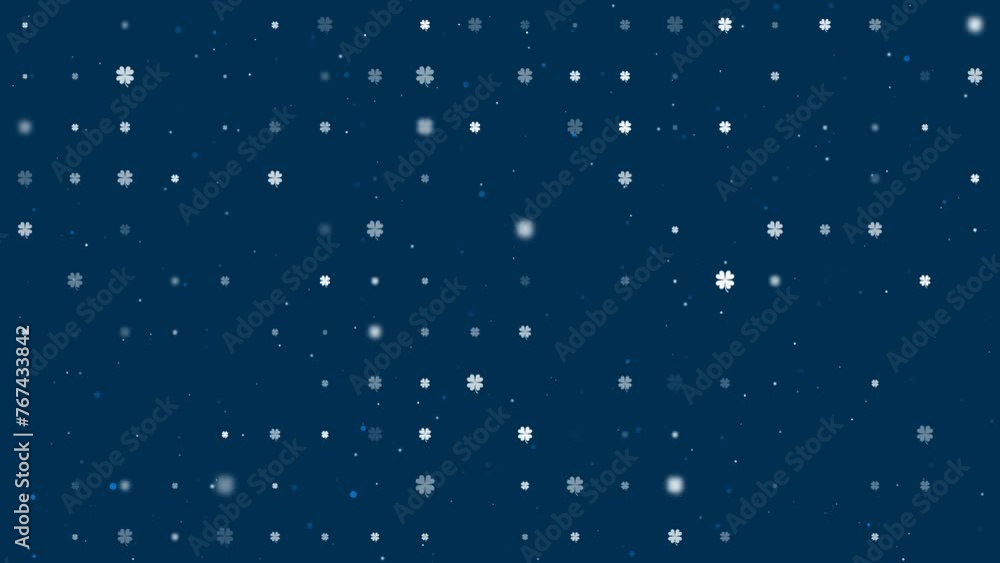 Poster template animation of evenly spaced four-leaf clover symbols of different sizes and opacity. animati