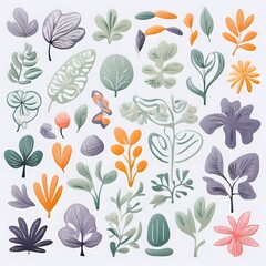 A collection of seamless pattern, colorful abstract plants and flowers. Hand drawn Collection of leaves and flowers. A close up of a pattern of flowers and leaves.
