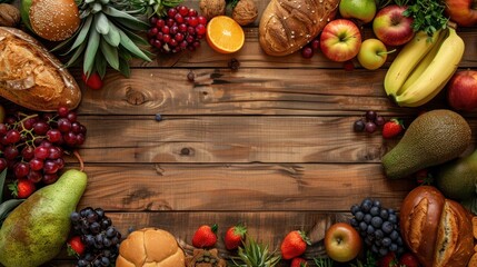 Top view wooden board with bread and fruits copy space background. AI generated image