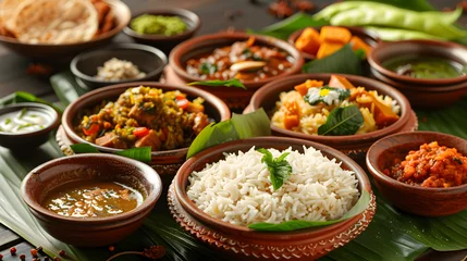 Fotobehang Onam sadya, a traditional vegetarian meal served on the festival day of Onam in Kerala, featuring rice and a variety of curries. A colorful and flavorful assortment of dishes enjoyed. © NE97