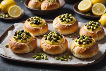 Obraz na płótnie Canvas Sweet unglazed bread rolls filled with lemon curd, raisins and chopped pistachio nuts.