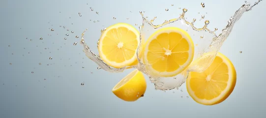 Foto op Plexiglas Lemon slices in water splash on grey background.  © MadMouse