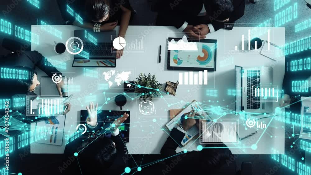 Aufkleber top view of executive manager present growth graph while smart team clap hands and shale hand with m