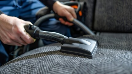 Deep cleaning of a car's interior with a powerful vacuum. Ensuring a dust-free vehicle cabin. Concept of professional cleaning service, vehicle sanitation, and professional auto maintenance.