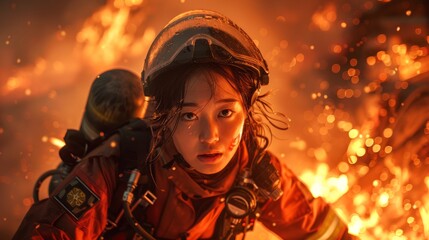 Asian firefighter against a backdrop of fire. Heroic female firefighter confronting a conflagration. Concept of heroic action, emergency service, fire combat, and public protection. - obrazy, fototapety, plakaty
