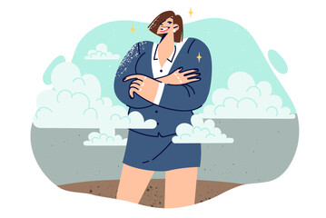 Tall woman leader stands among clouds and confidently crosses arms in front of chest