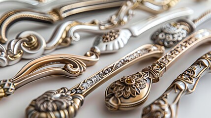 Luxury collection of furniture handles with ornamental designs. Elegant door handles adorned with filigree and jewels. Concept of opulent home decor, intricate cabinetry, classical design aesthetics - obrazy, fototapety, plakaty