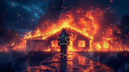 Firefighter approaching a fully engulfed home at night. Heroic firefighter ready to tackle a catastrophic residential fire. Concept of bravery, emergency action, peril, and firefighting. Illustration - obrazy, fototapety, plakaty