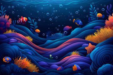 the abstract background is decorated with doodles of waves, cute fish and colorful underwater creatures swimming happily