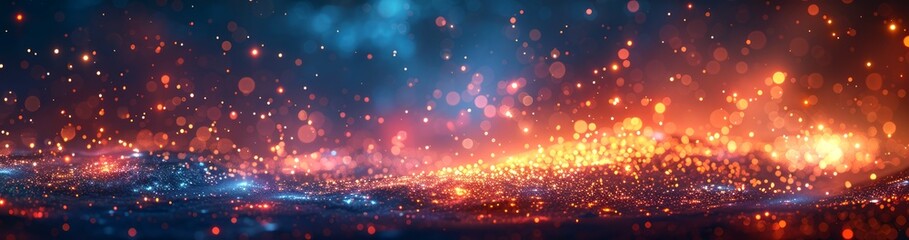 Abstract cosmic bokeh lights in blue and orange. Ethereal celestial background. Banner with copy space. Ideal for American political events and national holidays. - obrazy, fototapety, plakaty