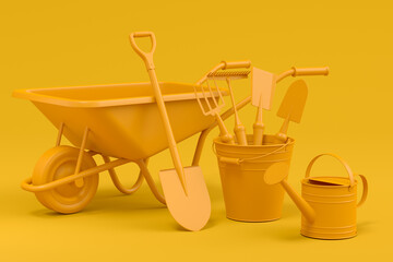 Garden wheelbarrow with garden tools like shovel, rake and fork on monochrome