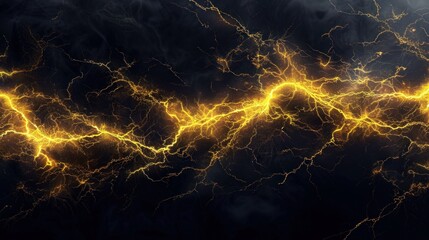 Illustration yellow strike lightning on the dark cloudy sky landscape background. AI generated