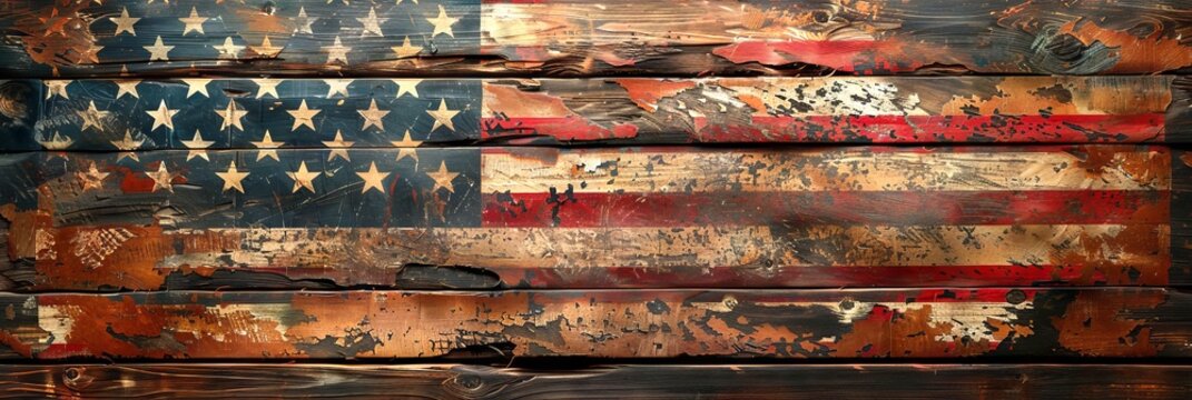 Aged American flag on textured timber. Weathered patriotic symbol on wood. Concept of American pride, historical significance, tradition, and enduring values. Banner, copy space