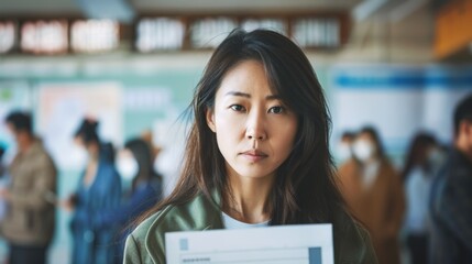 Asian woman holding a ballot at a polling place. Female voter with a ballot paper ready to vote. Concept of democracy, elections, civic duty, diversity, policy. American presidential elections