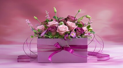 Obraz premium a purple box filled with lots of purple flowers and greenery with a pink ribbon tied around the top of the box.
