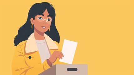 Asian woman casting her ballot at a polling station. Asian female voter. Concept of democracy, elections, civic duty, diversity. American presidential elections. Digital art. Plain Yellow background