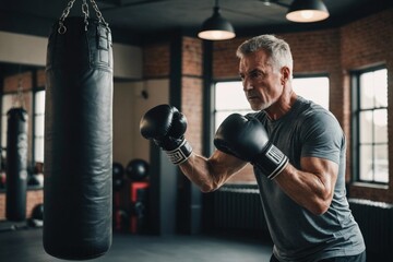 Fit mature man in sportswear and wearing boxing gloves hitting a punching bag during a workout session in a gym - Powered by Adobe