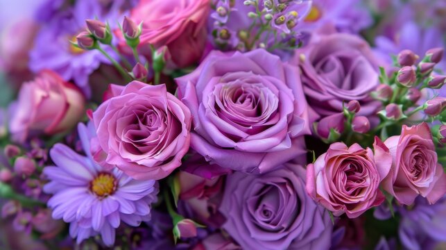  a close up of a bouquet of flowers with pink and purple flowers in the middle of the bouquet and purple flowers in the middle of the bouquet.