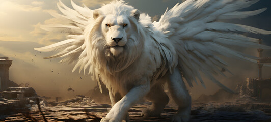 white lion fly with wings angel, ai generative