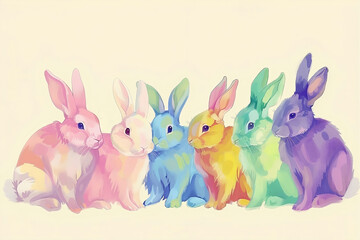Easter colorful bunnies, watercolor effect. Pastel colors.