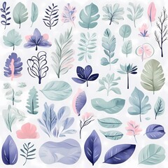 A collection of seamless pattern, colorful abstract plants and flowers. Hand drawn Collection of leaves and flowers. A close up of a pattern of flowers and leaves.
